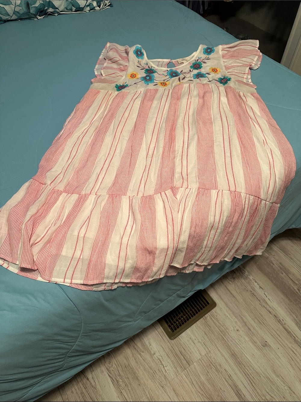 Embroidered Pink Stripe Mini Dress
